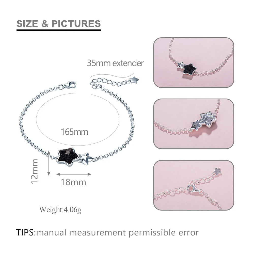 SA SILVERAGE, браслеты со звездами и черными драгоценными камнями для женщин, 925 пробы серебряный браслет из авантюрина для женщин, хорошее ювелирное изделие