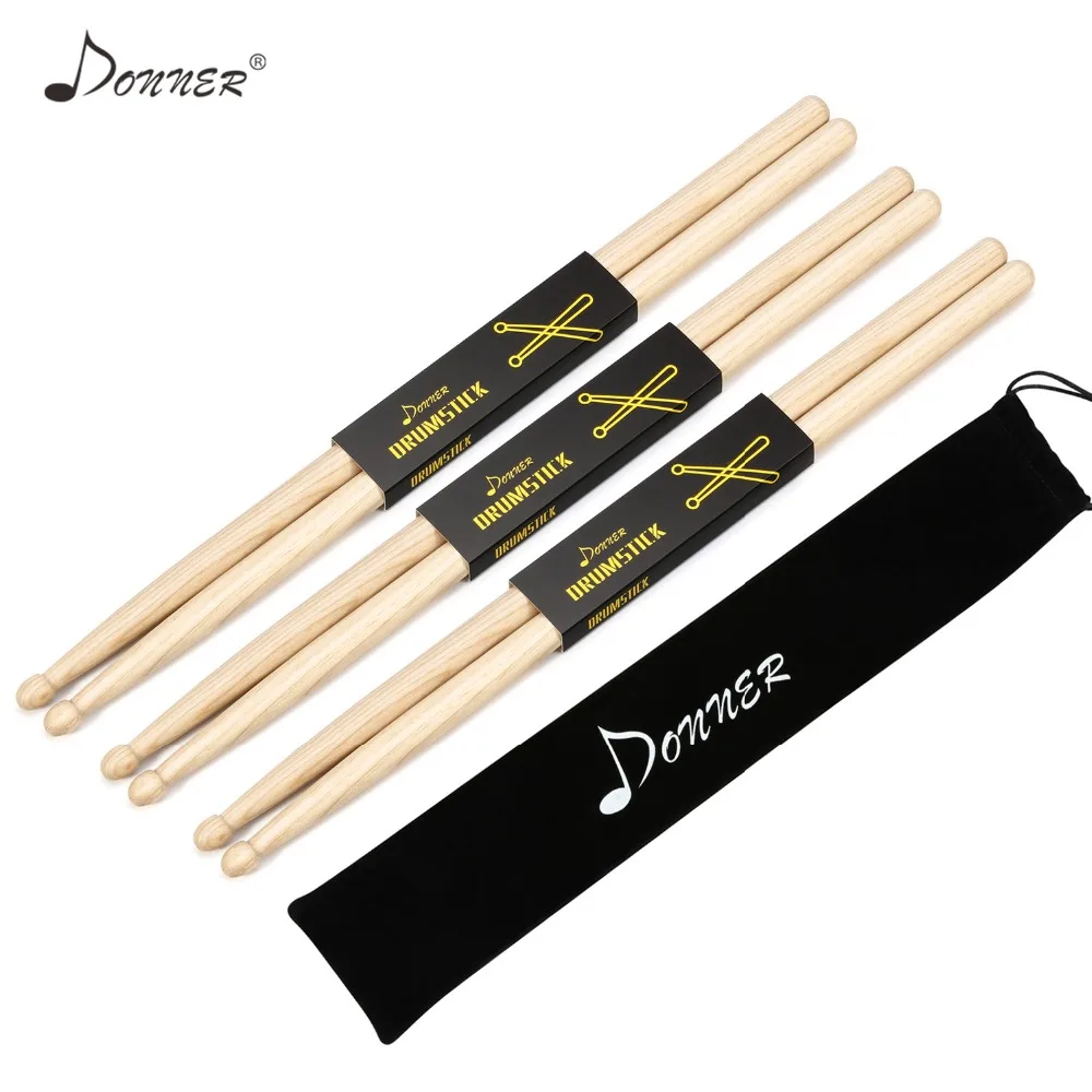 Donner 3-Pack барабанные палочки 7A классические Hickory из дерева прочные для легких