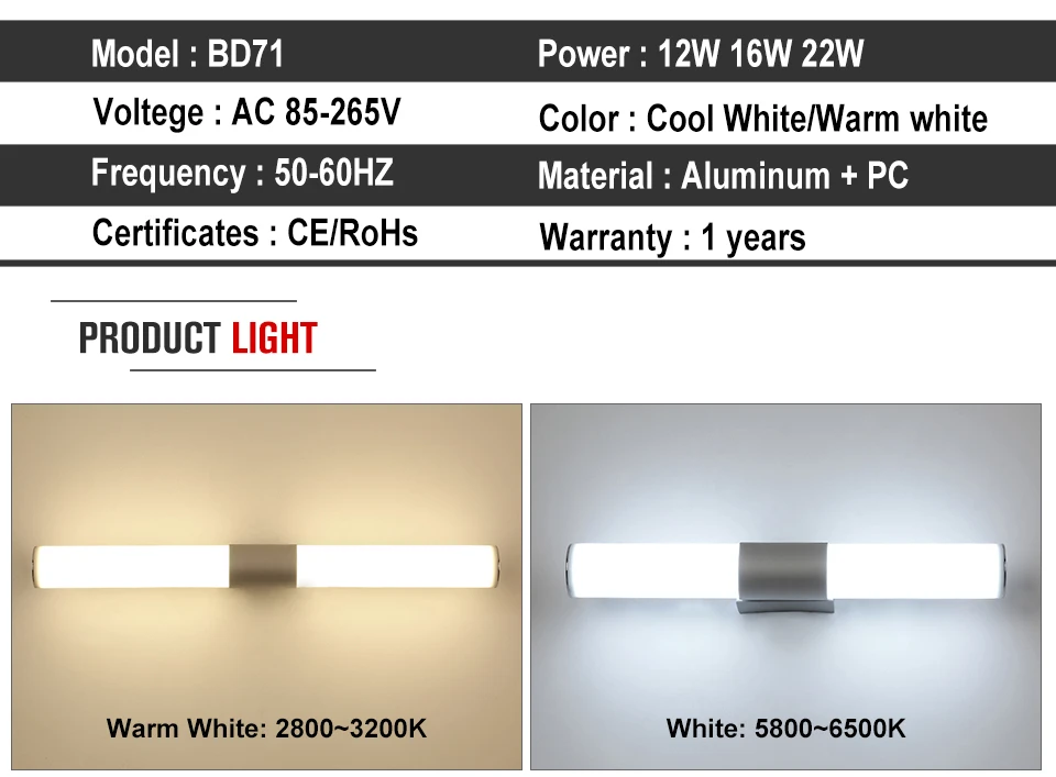 LED Bar Wall Lamp Sconce Makeup Mirror Vanity Light 12W 16W 22W Indoor Stair Bathroom Fixtures Dressing Room Bedroom Wall Light (3)