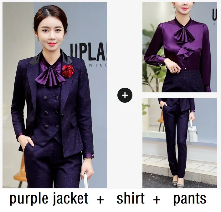 purple pants set Женские костюмы, тонкая весенняя куртка с длинными рукавами и штаны, комплект из 2 предметов, Деловые женские брючные костюмы, женские костюмы, 1301 - Цвет: purple pants set