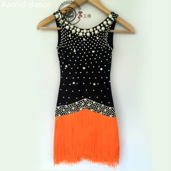 

2017 Fringe Latin Dance Dress Girl Pearl Back V-Opening Sleeveless Samba Ballroom Tango Dance Clothing Tassel Latin Dance Dress