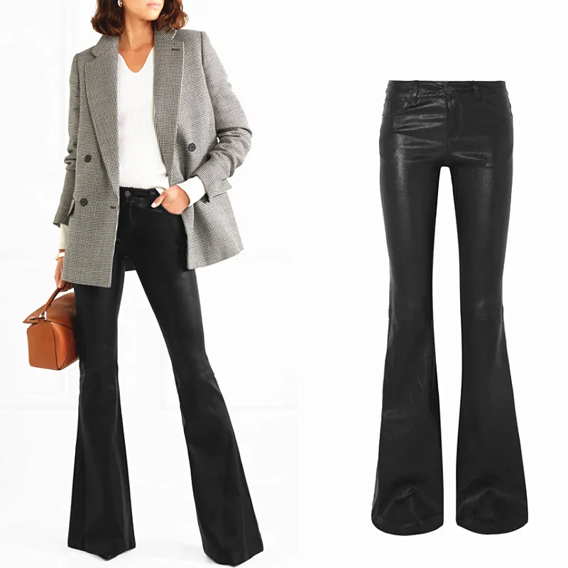 

Fashion brand longer length water wash PU leather flare pants female street punk raise hip ws thin leather pants wq209 dropship