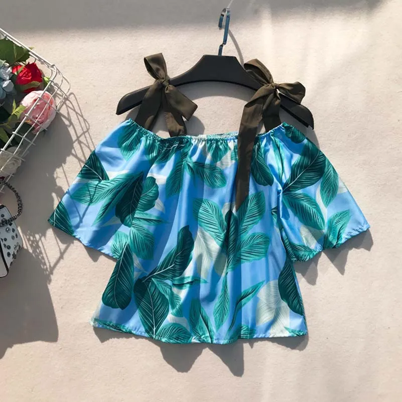 

2019 Spring And Summer Off Shoulder Palm Printed Blouse Korea Beach Holiday Summer Tops Loose Causal Tees 2019 summer new blouse