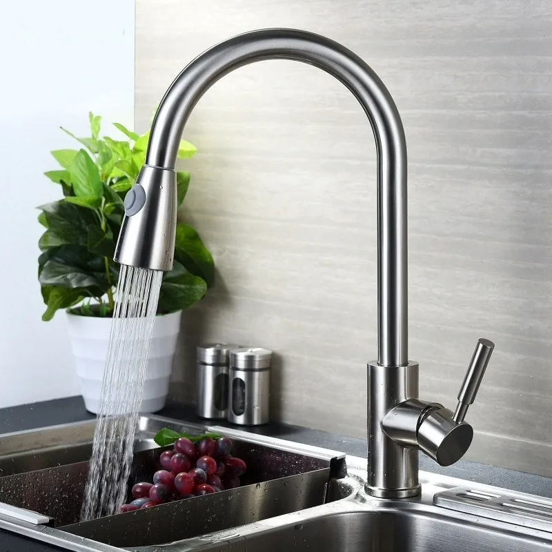 

Nickel Brushed Kitchen 360 Degree Rotation Pull Out Basin Faucet Water Spout Spray Swivel Single Handle Cold And Hot Mixer Tap