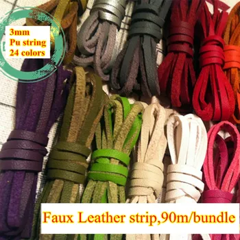 

24 colors 3mm Faux Leather cord/lace/strip/string suede cord PU DIY Braid necklace bracelet thong jewellery free shipping 90m