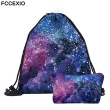 FCCEXIO New 2PCS Drawstring Bags 3D Printed Starry Sky Fashion Schoolbags Travel Bag School Backpack Street Shoulder Bags
