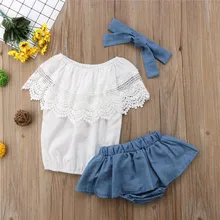 Короткий рукав летние белые топы джинсовые шорты повязка 3 шт. наряд для девочек Костюмы Одежда для новорожденных девочек комплект кружевные плиссированные