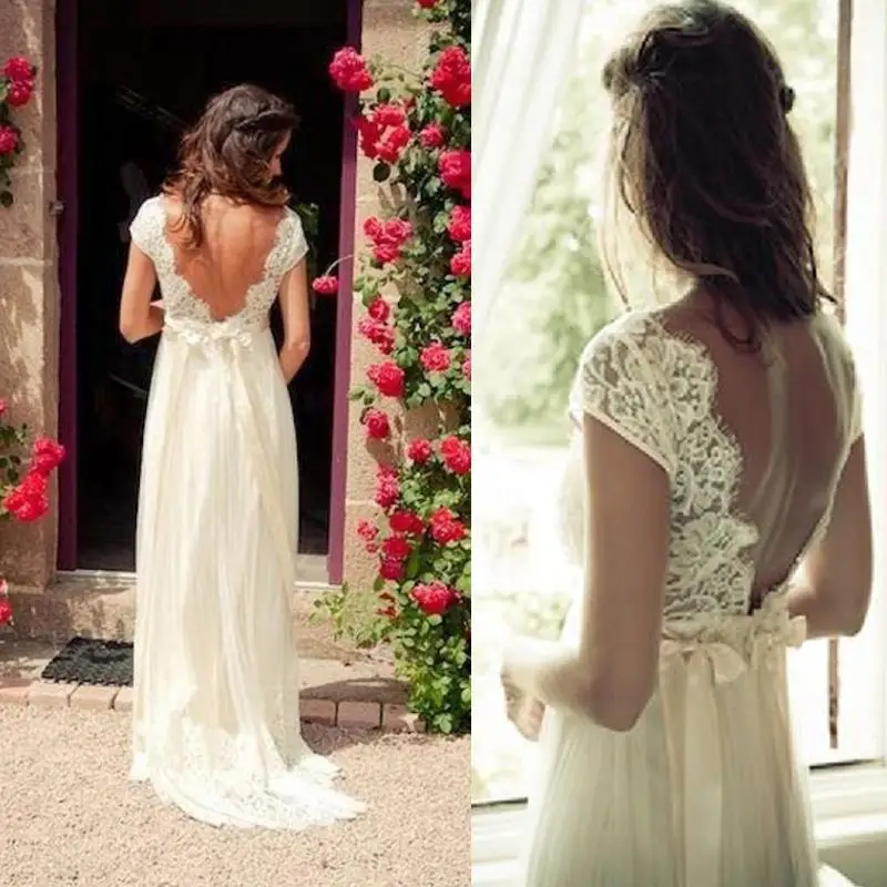 2019 Vintage Bohemian Wedding Dresses A Line Backless Sheer Lace
