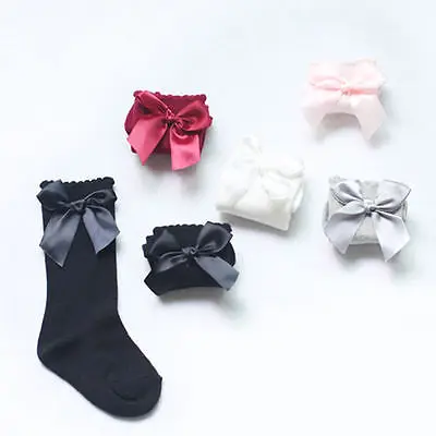 

Baby Children Girls Bow Stockings Soft Cotton Knee High Stockings Cute White Black Red Pink gray 0-4Y
