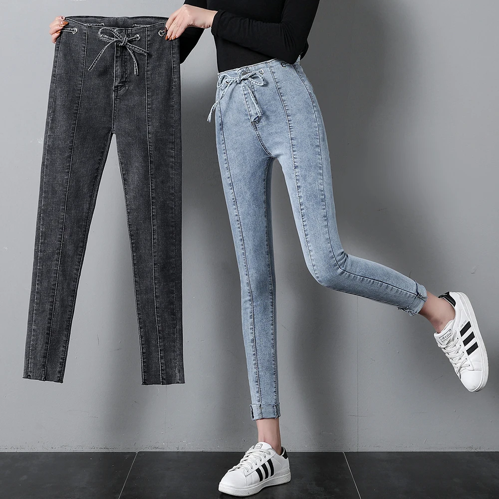 Женские джинсы, новинка, с бантиком, высокая талия, длина по щиколотку, джинсы для женщин, тянущиеся, обтягивающие, узкие брюки, винтажные, тонкие, джинсовые штаны