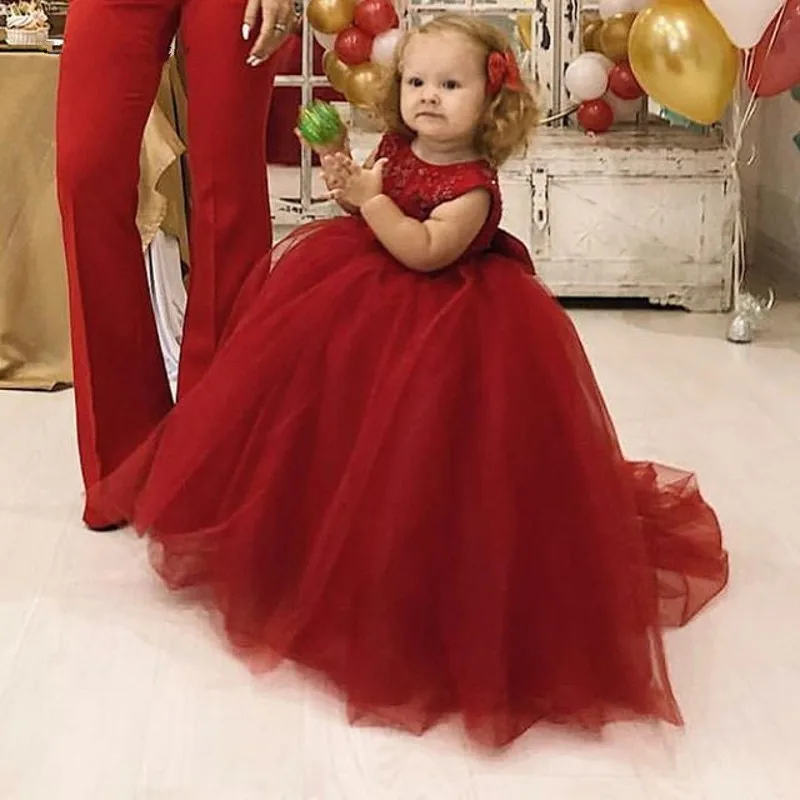 

Lovely Baby Birthday Party Gowns with Big Bow Puffy Tulle Flower Girl Dress For Special Occasion Custom Made Kids Pageant Gowns