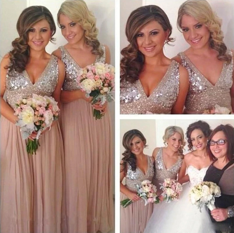 V-neck Sequined Silver Champagne Bridesmaid Dresses A-Line Ruffled Chiffon Formal Party Dresses Sparkling Beaded Long Maid Of Honer Gowns