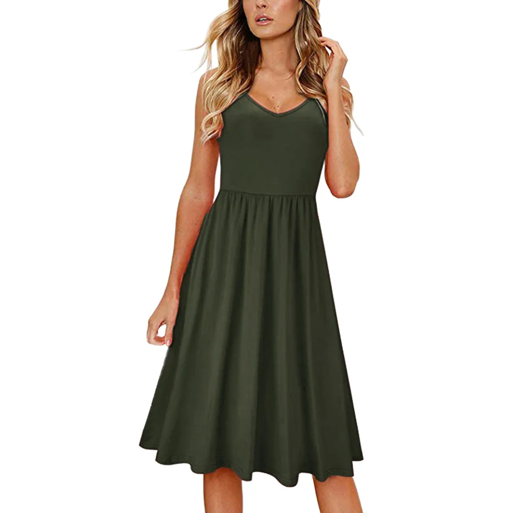 

Women Sexy Small Strap V-Neck Halter Bow Lotus Hem Solid Color Dress