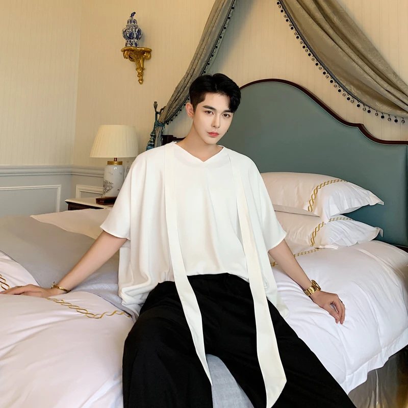 

2019 New Chinese Style Men's Summer Detachable Bow Tie Loose Head Five-point Sleeve Casual Shirt Streetwear