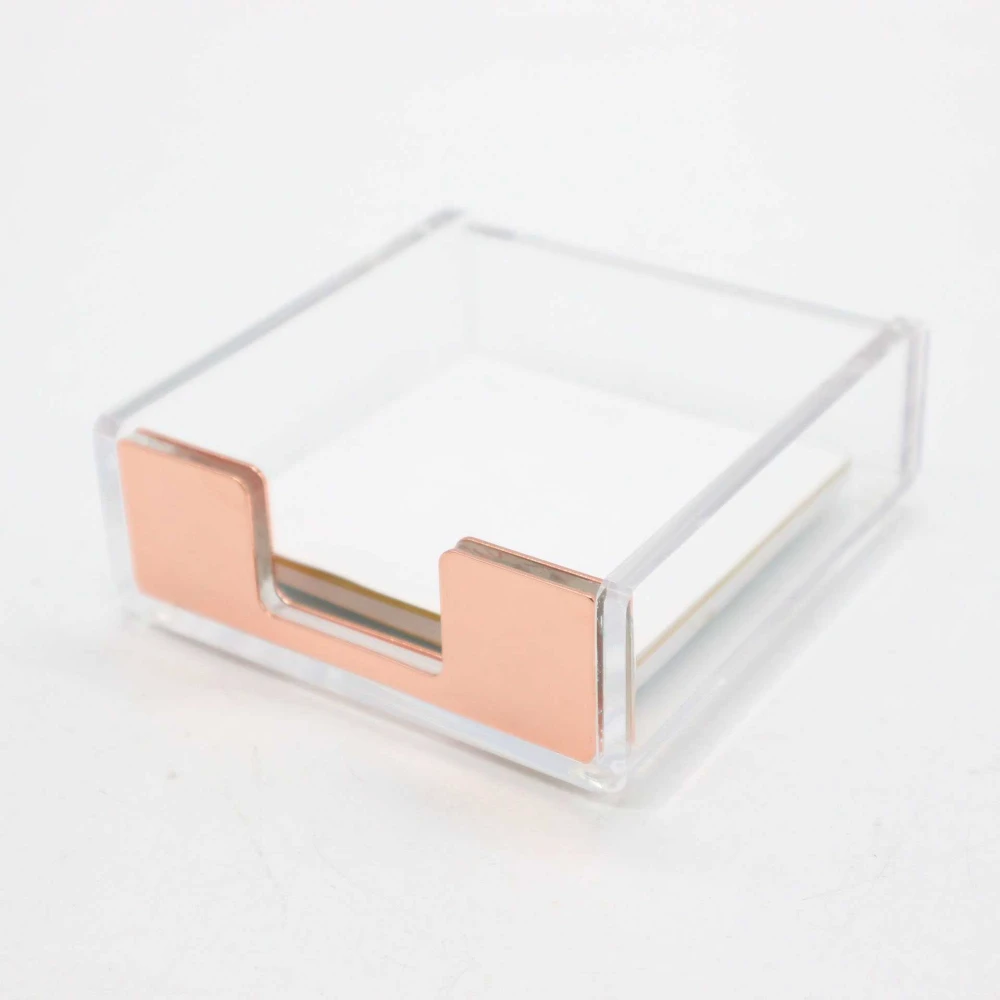Clear Acrylic Rose Gold Self Stick Memo Pad Holder 5mm Super Thick Notes Cards Cube Dispenser Case 3.5x3.3 Inch for Office Home School Elegant Desk Accessory Rose Gold Tone 