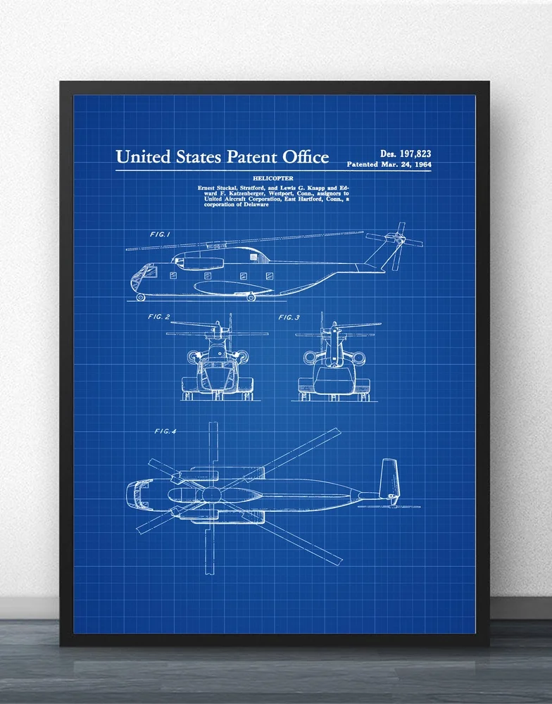 1964 Helicopter Design Patent Blueprint Wall Art Paint Decor Canvas Prints Poster Oil Paintings No Frame | Дом и сад