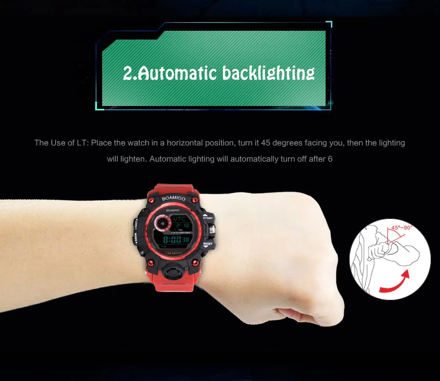 BOAMIGO бренд UTC DST время поднятие до пробуждения светодиодный светильник для мужчин цифровые спортивные красные военные часы 50 м плавание водонепроницаемый резиновый ремешок часы