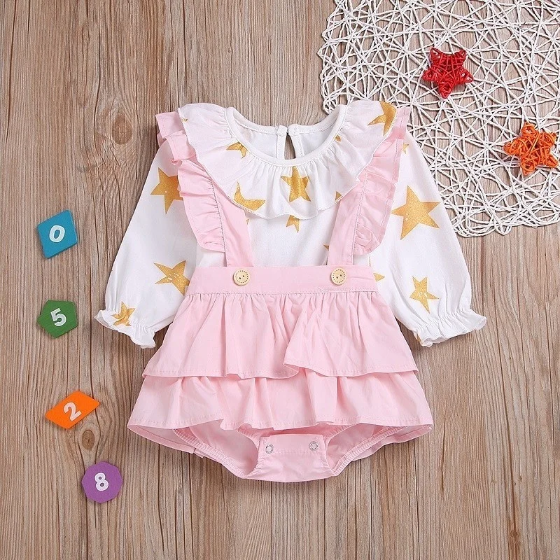 

Newborn Infant Baby Girl Star Print Tops T-Shirt+Solid Suspenders Dress Clothes