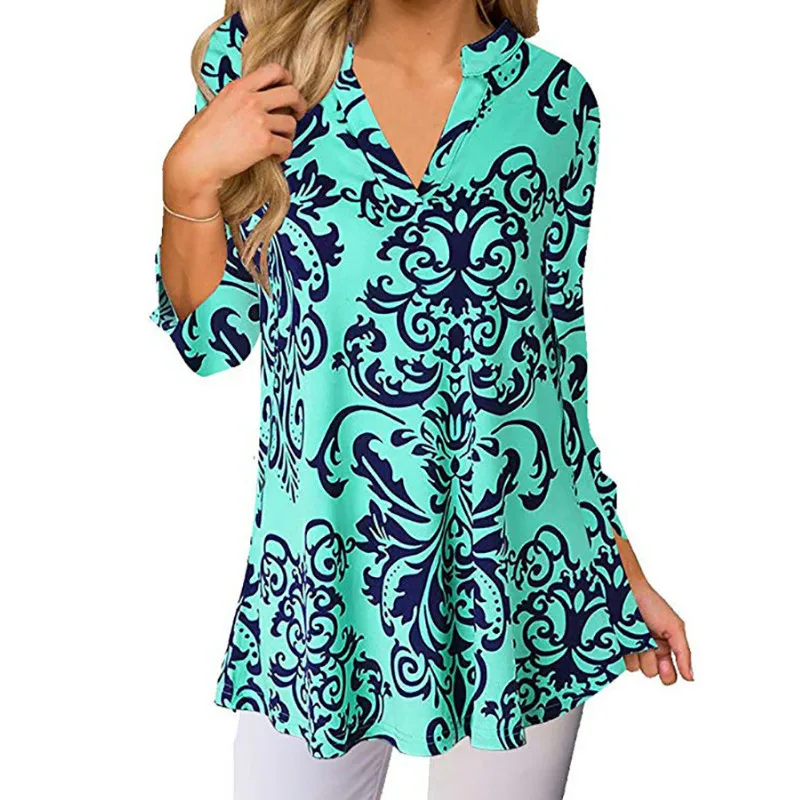 

Element Printed Stretch Women T-Shirts Lady V-neck 3/4 Sleeve Bottom Shirts Casual Top Summer Autumn Blouses Sexy Loose Tunic