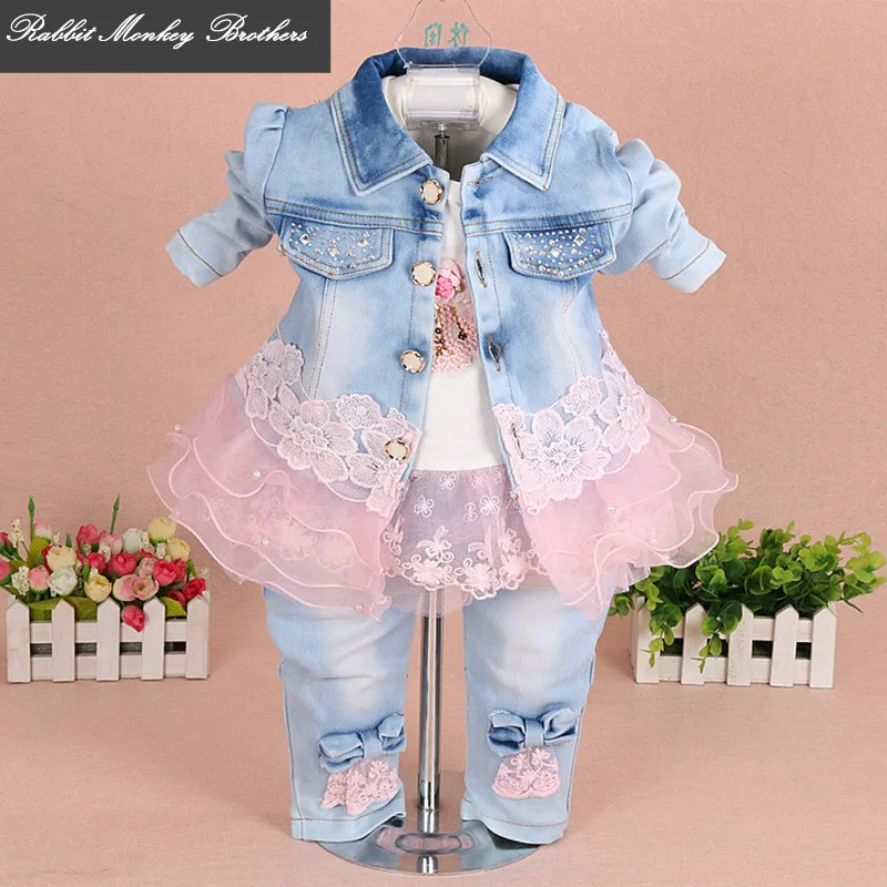 baby girl clothes new spring autumn baby suits newborn girls denim gauze lace three piece set
