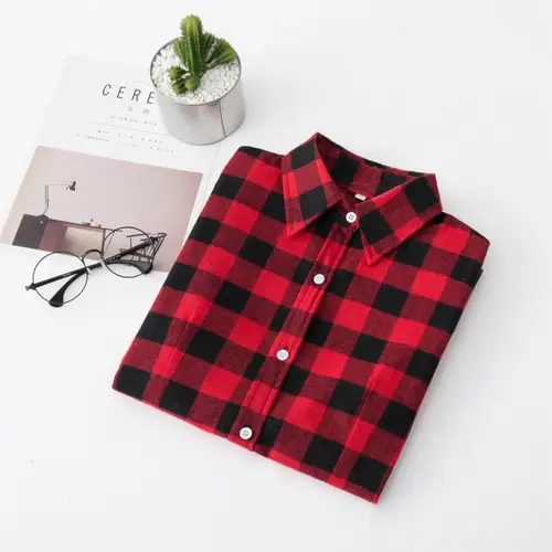 여성용 체크 무늬 셔츠, 슬림 긴팔 코튼 블라우스, 상의, 여성용 겉옷, 2023 가을 및 겨울 4
