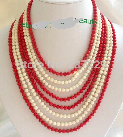 

DD Wholesale XSZ2014 ^stunning 8rows 6mm round natural white&red coral necklace