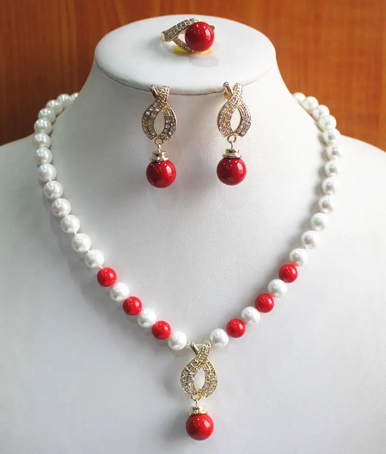 

Fast shipping + 07608 Mixed Color Pearl/Coral Necklace Earring Ring Jewelry Set hot