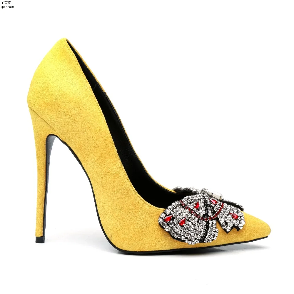 

Qianruiti Yellow Suede Stiletto Heels Women Shoes Studded Crystal Bow-tie High Heels Party Shoes Pointed Toe Slip-on Women Pumps