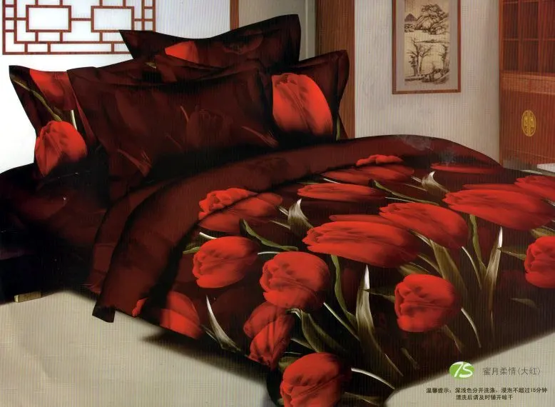 Deep Brown Red Tulip Floral Bedding Comforter Sets Queen Size