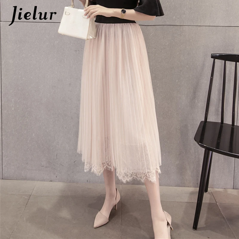 2018 Korean Fashion Lace Long Skirt Net Yarn Stitching Black Women