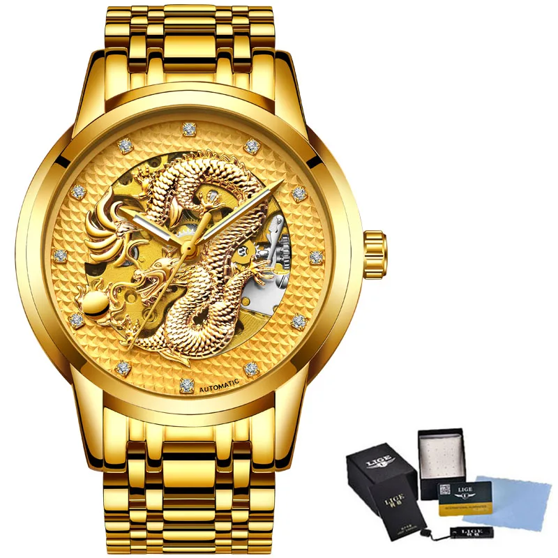 LIGE автоматические механические золотые мужские часы с драконом, мужские часы в китайском стиле, мужские водонепроницаемые часы из нержавеющей стали - Цвет: steel full gold