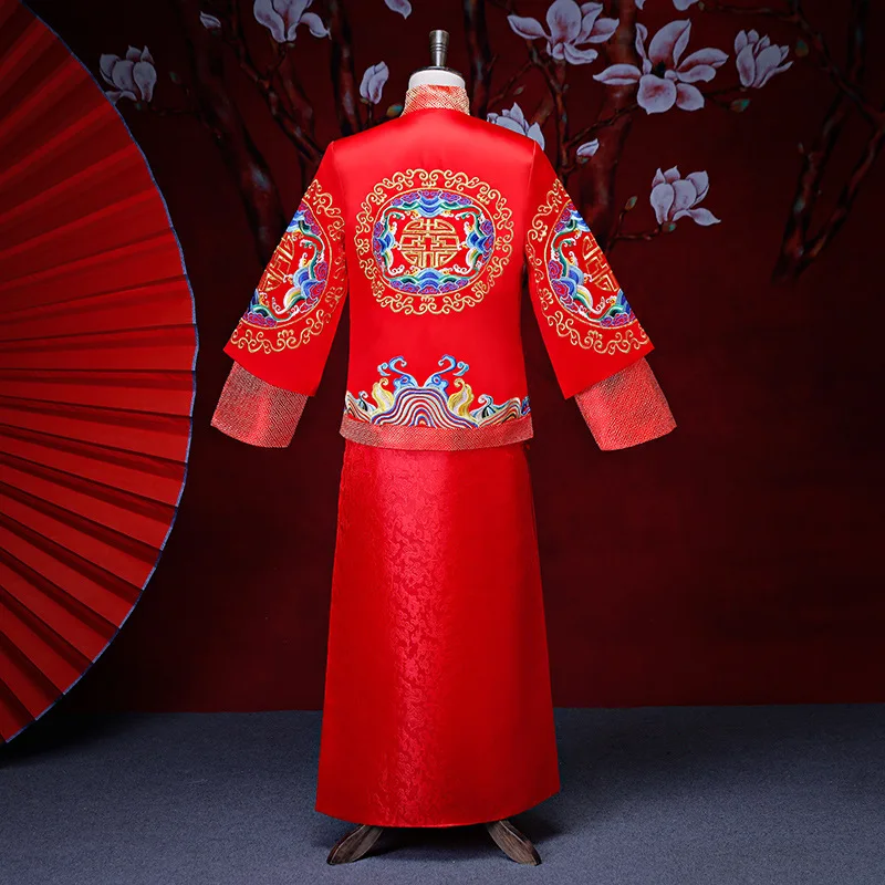 Красный китайский классический свадебный костюм традиционный Жених Hanfu одежда вышивка длинный халат платье Мужская Свадебная одежда