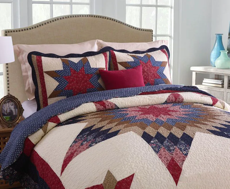 - Handmade Patchwork Bedspread Quilt Set 3pc Cotton Bed Cover Shams Super King Queen Size Vintage Quilted Coverlet Blanket on Bed