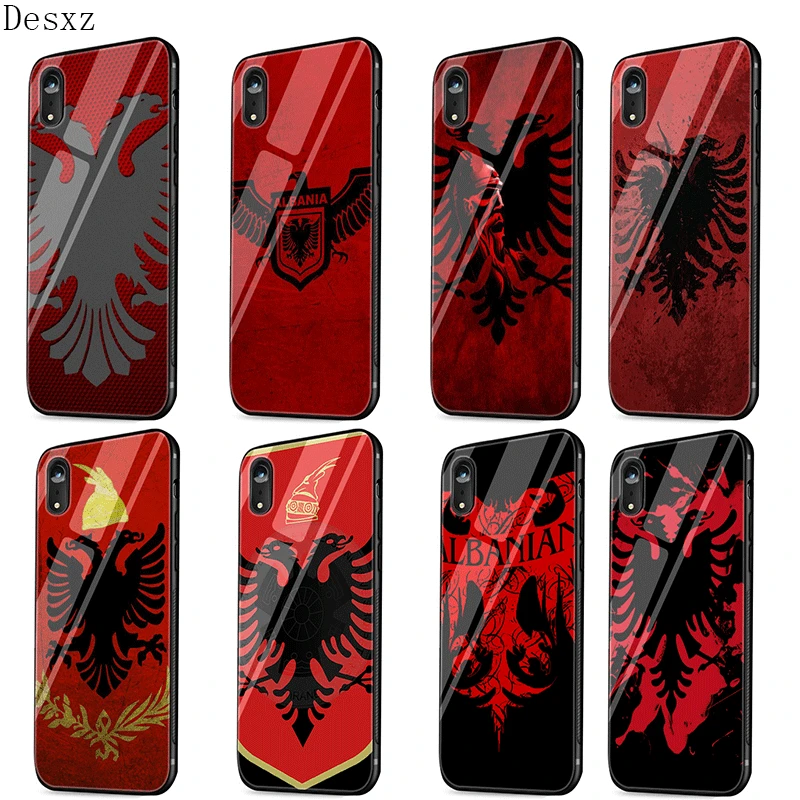 

Mobile Phone Case Glass For iPhone 7 8 6 6S X XS Max XR 5 5S SE Cover Retro Al Albania Flag Eagle Shell Casing
