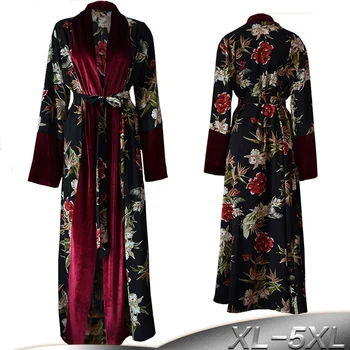 

Plus Size Spring Velvet Abaya Kimono Kaftan Dubai Arabic Islam Women Floral Cardigan Muslim Hijab Dress Turkish Islamic Clothing