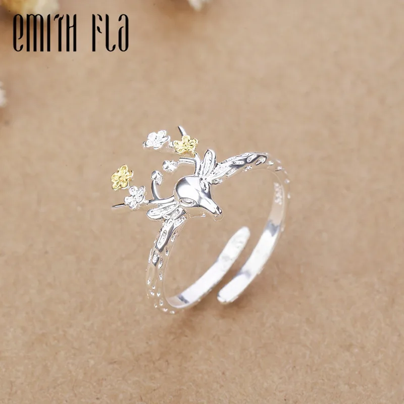 

Genuine 925 Sterling Silver Female Open Rings Deer Design Fashion Jewelry For Women Opening Adjustable Ring