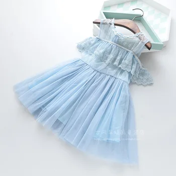 

Roimyal Wholesale 2019 Summer new lace shoulder out sweet dress 3-10 year old girl fashion net yarn vest princess party dress