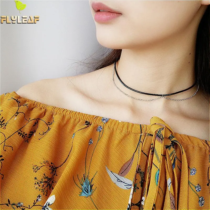

100% 925 Sterling Silver Jewelry Choker Double Layer Leather Rope Multilayer Chain Flyleaf Simple Fashion Short Necklace Women