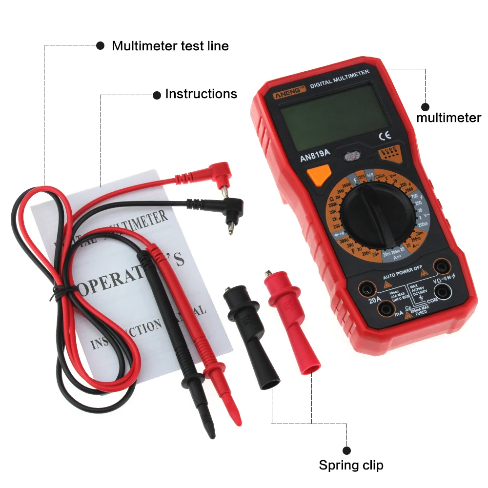 

AN819A Digital Multimeter AC/DC Voltage Ammeter Capacitance Resistance Triode Tester Current Power Meter Test + Crocodile Clips