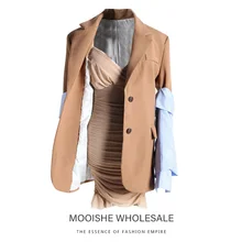 Съемный полосатый рукав блейзер+ морщин стрейч платье Женский комплект