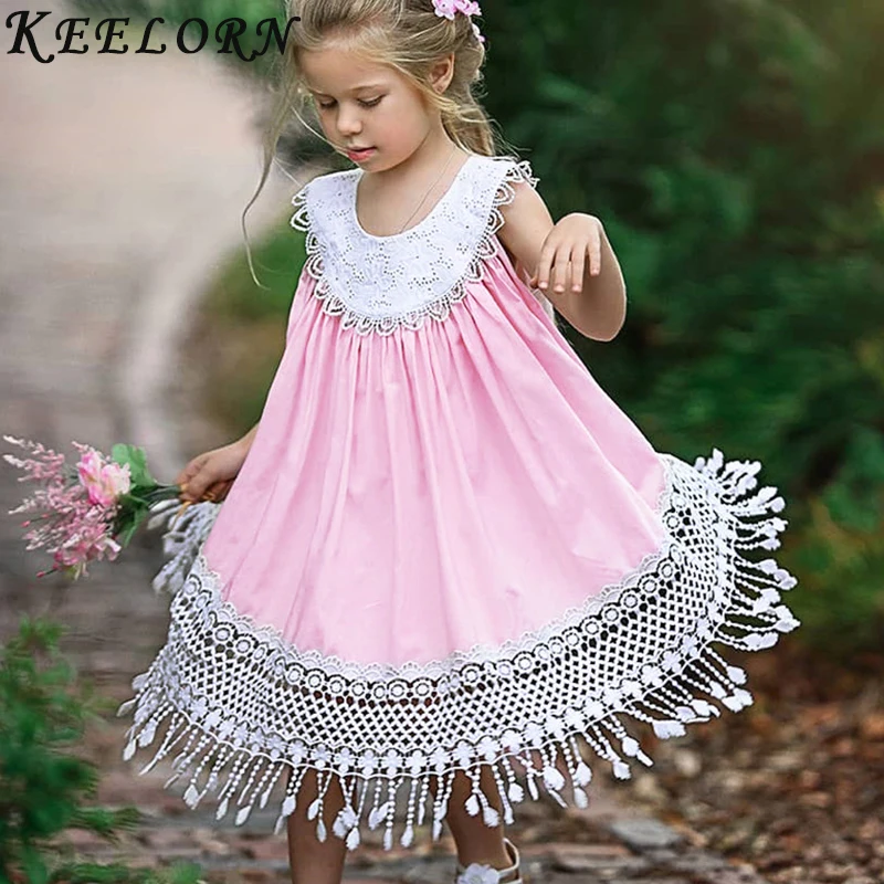 

Keelorn Girls Dresses New Beautiful Hollow Tassel Princess Dress Cute Round Neck Girls Asymmetrical Dress Children's Clothing