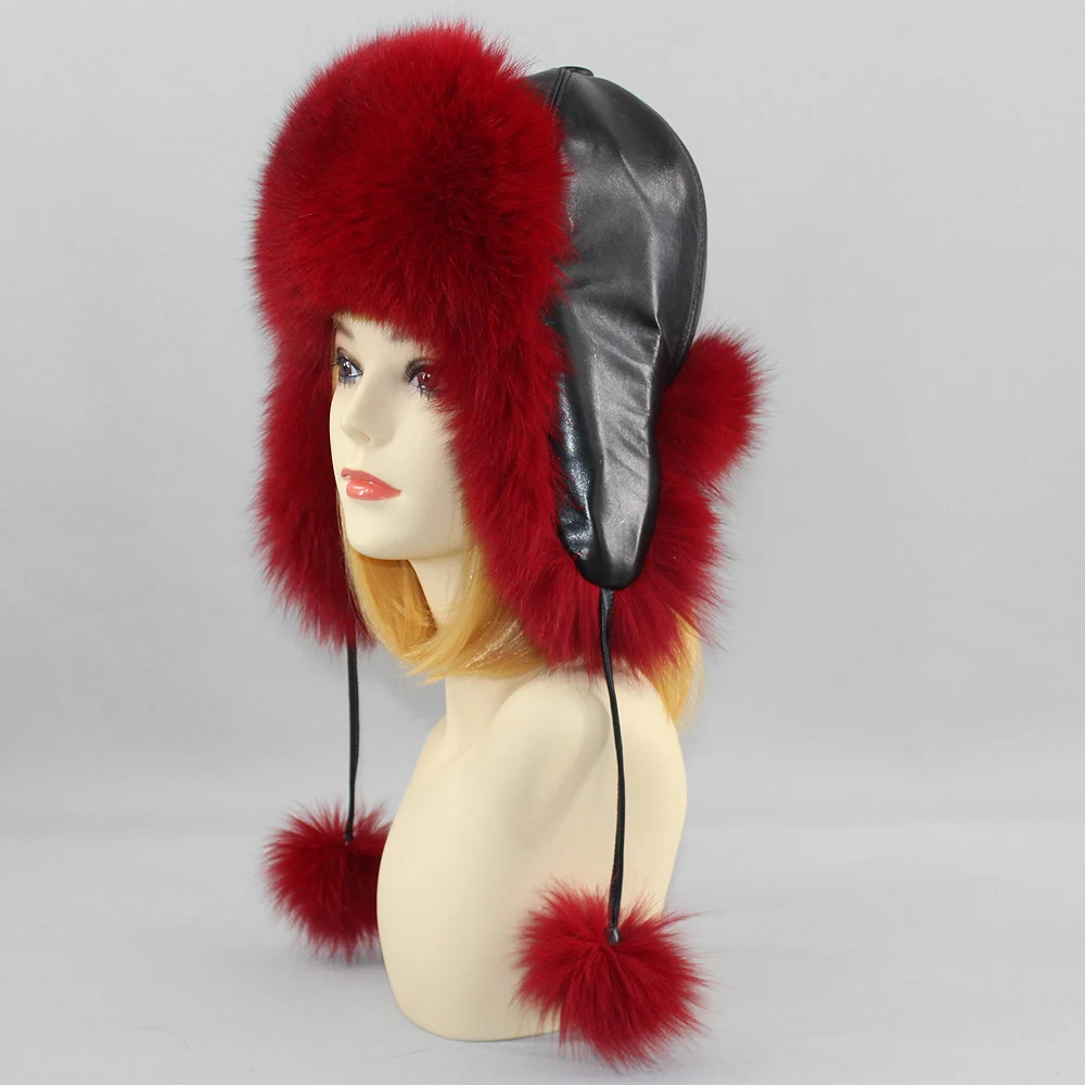 Hot Sell Genuine Fox Fur Hats Genuine Raccoon Fox Fur Russian Ushanka Cap Winter Quality Thick Warm Fox Fur Bomber Hat