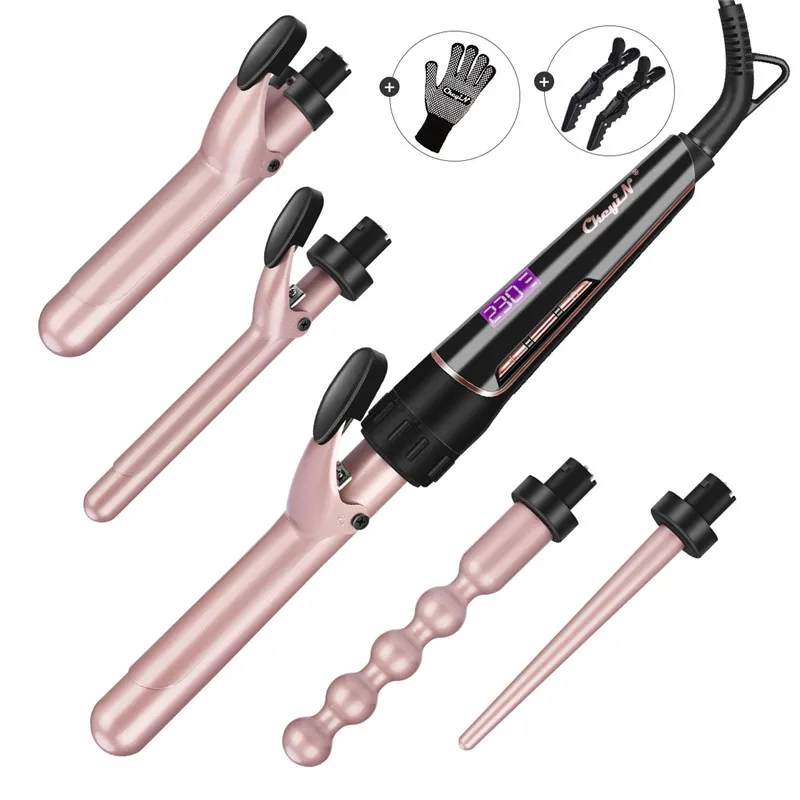 

100-240V 5 Parts Ceramic Magic Curling Iron Salon Interchangeable Barrels Hair Curler Set Deep Wave With Heat Resistant Glove