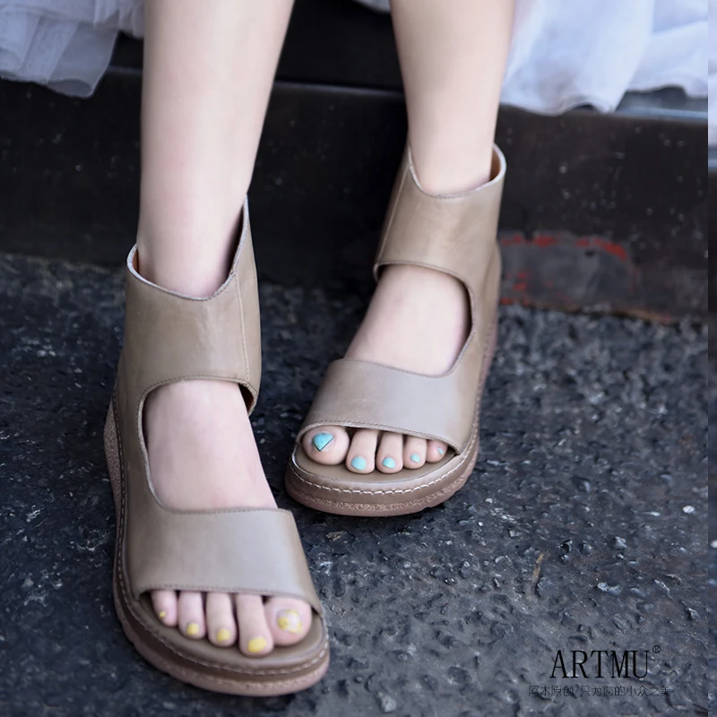 

Artmu Fashion Wedges Thick Heel Women Sandals Genuine Leather Shoes Flat Platform Summer Zipper High Top Open Toe Sandalias