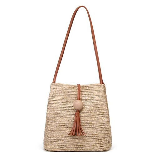 Yogodlns, женская соломенная сумка, богемная, из ротанга, пляжная сумка, ручная работа, вязаная, через плечо, сумка-мешок, летняя, с кисточками, пляжная сумка - Цвет: brown