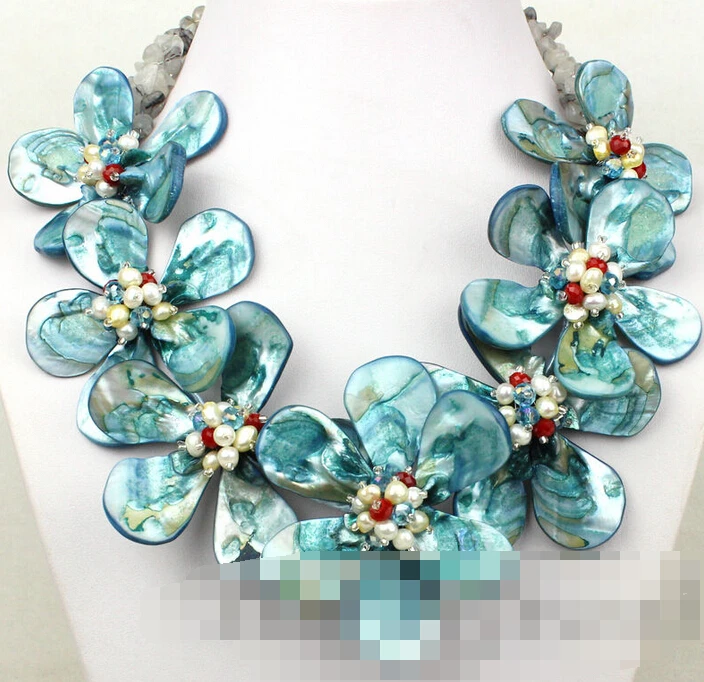 

3278 Blue Shell Pearl Coral Jade Flower Necklace/Earring