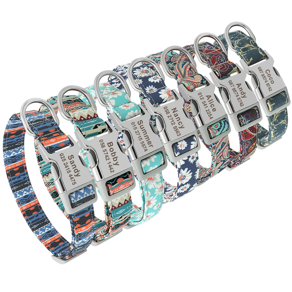 Custom Engraved Dog Collar Personalized Printed Pet Dog Tag Collar Nylon Puppy Cat Name Phone ID Collars For Small Large Dogs