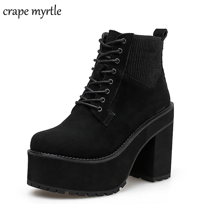 

lace up Boots 2019 Fashion Thick Heel Ankle Boots Women High Heels Autumn Winter Woman Shoes fur boots punk snow shoes YMA579