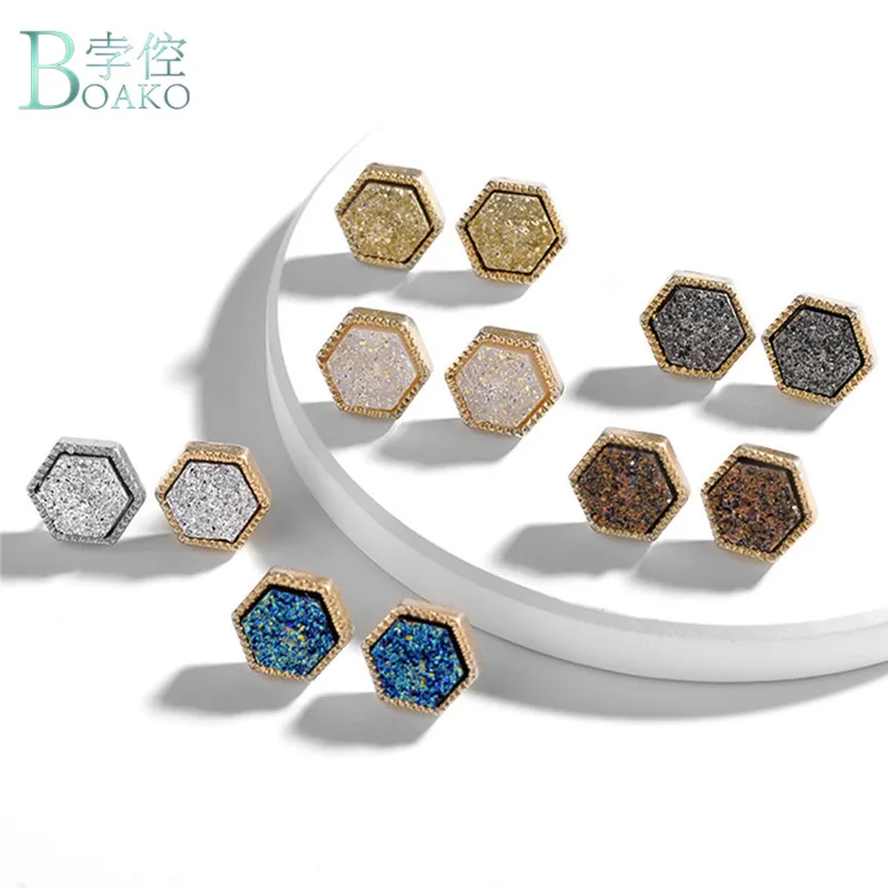 

BOAKO Women's Cute Geometric Framed Hexagon Oval Gold Blue Druzy Stud Earrings Wholesale Custom Drusy Jewelry