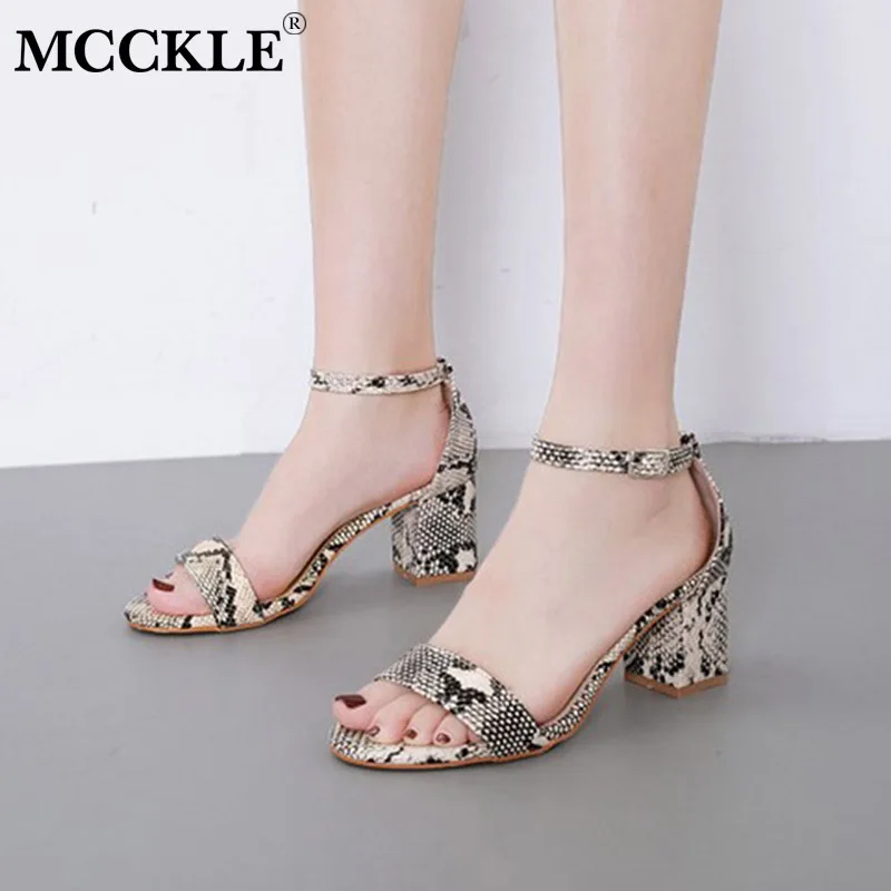 

MCCKLE Women Snake Print Ankle Strap Sandals Summer Ladies Buckle Peep Toe Fashion Square High Heels Female Casual Shoes